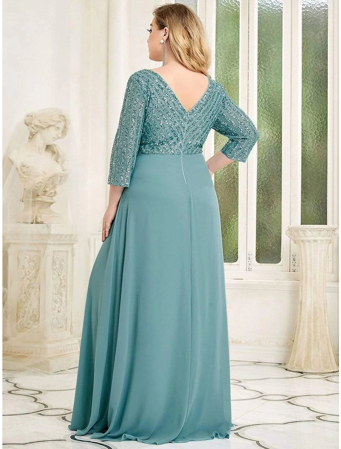 Wholesale  A-Line Evening Gown Plus Size Dress Wedding Guest Black Tie Floor Length 3/4 Length Sleeve V Neck Chiffon V Back with Sequin